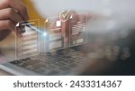Prepare check and approve concepts. Document management, paperless. User touching on virtual screen to tick mark documents for online approval paperless quality assurance and ERP management.