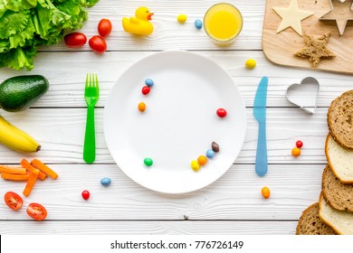 Prepare Healthy Breakfast For Children. Meal With Vegetables And Fruits. White Wooden Background Top View Mockup