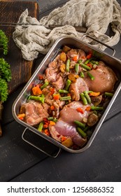 Prepared For Baking Chicken Meat With Vegetables In A Roasting Pan.