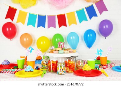 Prepared Birthday Table With Sweets For Children Party