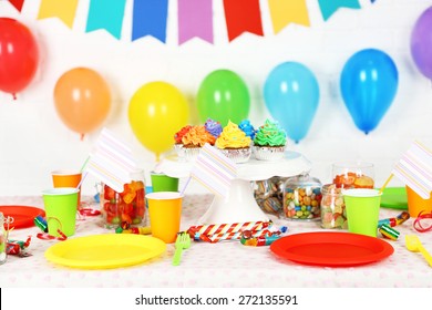 Prepared Birthday Table With Sweets For Children Party