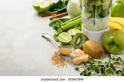 Prepared ingredients for smoothies rich in vitamins and minerals is very useful for health and a healthy lifestyle - Shutterstock ID 593447849