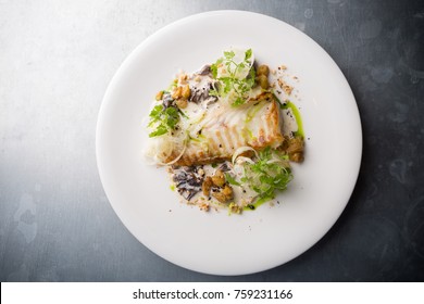 Prepared White Fish Fillet Served On A White Plate