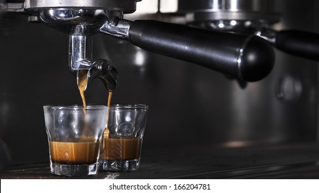 Prepares Espresso In His Coffee Shop; Close-up, Espresso Coffee Machine For Brewing Fresh Hot Coffee