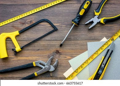 Preparing For Appartment Repair. Set Of Construction Tools On Wooden Table Background Top View