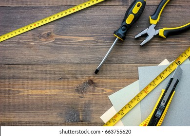 Preparing For Appartment Repair. Set Of Construction Tools On Wooden Table Background Top View Copyspace