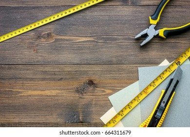 Preparing For Appartment Repair. Set Of Construction Tools On Wooden Table Background Top View Copyspace