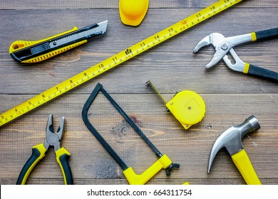 Preparing For Appartment Repair. Set Of Construction Tools On Wooden Table Background Top View