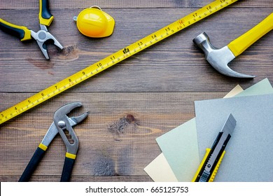 Preparing For Appartment Repair. Set Of Construction Tools On Wooden Table Background Top View Copyspace