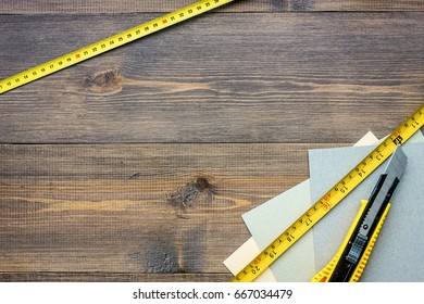 Preparing For Appartment Repair. Set Of Construction Tools On Wooden Table Background Top View Copyspace