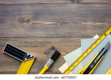 Preparing For Appartment Repair. Set Of Construction Tools On Wooden Table Background Top View Copyspace