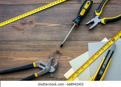 Preparing For Appartment Repair. Set Of Construction Tools On Wooden Table Background Top View Copyspace