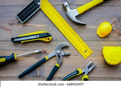 Preparing For Appartment Repair. Set Of Construction Tools On Wooden Table Background Top View