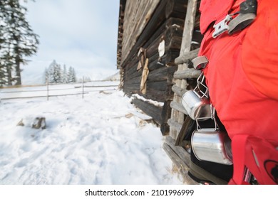 Preparing Boiling Tea Or Coffee On Primus Camping Gas Stove. Traveler Resting With A Metal Mug Of Hot Tea On A Cold Winter Day. Adventure Begins Boiling On Gas Primus, Making Hot Drink Winter Outdoor