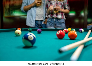 Preparing To Break Spheres Into The Pool Pocket. People Billiard, Snooker Entertainment Concept.