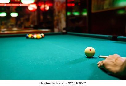 Preparing To Break Spheres Into The Pool Pocket. People Billiard, Snooker Entertainment Concept.