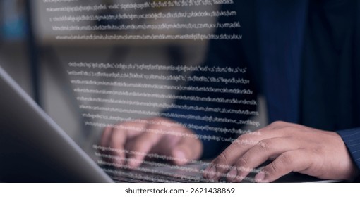 Preparing documents, writing reports or articles. Close-up of hands typing on laptop computer keyboard. Writer working at desk in office.