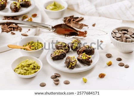 Preparing exquisite dessert, dates filled with pistachio mousse, alternative to popular Dubai chocolate bar