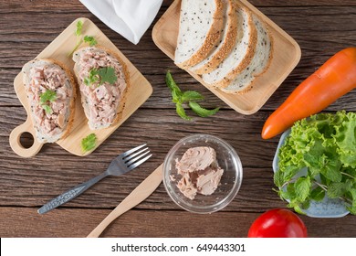 Preparing Fresh Homemade Breakfast Food, Tuna Sandwich With Sesame Bread. Top View.