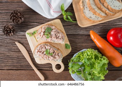 Preparing Fresh Homemade Tuna Sandwich With Sesame Bread, Salad. 
Breakfast Healthy Food. Top View.