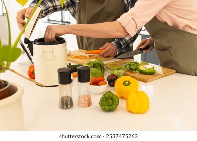 Preparing fresh vegetables, mature couple cooking together in modern kitchen, at home. culinary, healthy eating, food preparation, lifestyle, gourmet, teamwork - Powered by Shutterstock