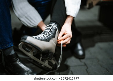 Preparing for a fun skating session on the ice rink during winter