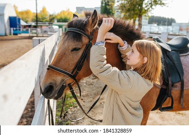 Preparing her horse for the ride, ginger girl putting on bridle on horse, adjusting it. She wears beige jacket. - Powered by Shutterstock