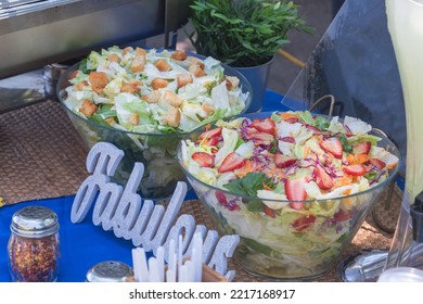 Preparing Italian Food In A Park Pizza Spagetti Salad