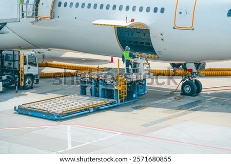 Preparing to load on a forklift into the cargo hold of a passenger jet aircraft. Loading of luggage to airplane. Suitcases on conveyor belt to plane