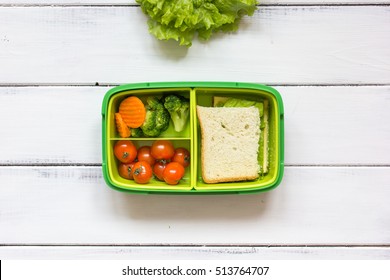 Preparing Lunch For Child School Top View On Wooden Background