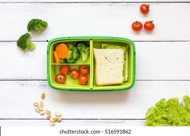 Preparing Lunch For Child School Top View On Wooden Background