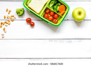 Preparing Lunch For Child School Top View On Wooden Background