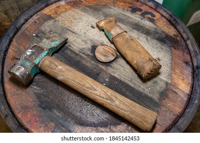 Preparing new cask for whisky in cooper