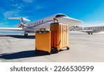 Preparing for a private flight. Jet. Luggage. Exclusive. Runway. Blue sky