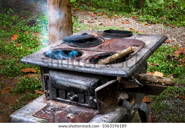 Preparing Rustic Woodburning Outdoor Stove Used Stock Photo Edit