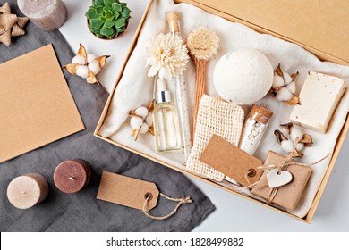 Preparing self care package, seasonal gift box with plastic free zero waste cosmetics products. Personalized eco friendly basket for family and friends for thankgiving, christmas, mothers day   - Powered by Shutterstock