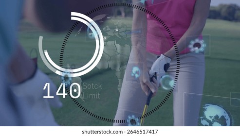 Preparing to swing, golfer with image overlay of statistics and world map. technology, data, sports, analytics, athlete, virtual - Powered by Shutterstock - Get 15% off with code: PIKWIZARD15