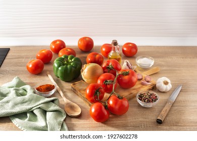 Preparing Tomato Sauce In The Kitchen. Ingredients On The Kitchen Counter