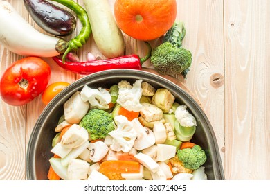 preparing vegetables before baking. top view. copy space