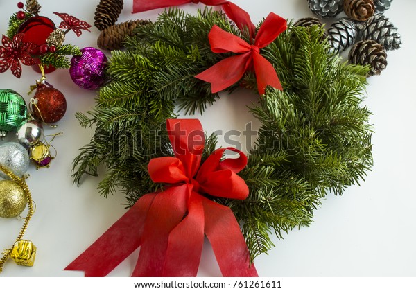 Preparing Wreath Pine Leavescones Christmas Ornaments Stock Photo