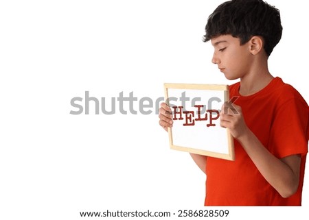 prepubescent boy asking for help, dressed in red, with a slate and a white background