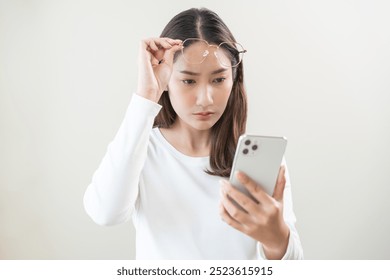 Presbyopia, Hyperopia middle aged asian woman holding eyeglasses problem with vision blurred ,trying to read text message from smart mobile phone screen, eye disease of old, eyesight farsightedness.