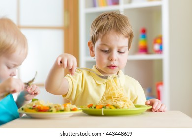 Preschool Children Eat Healthy Food In Kindergarten Or Home
