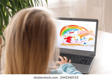 preschool girl 5 years old draws elements on laptop screen, technology drawing practice, Learning through play, Child's Hand in Learning Process, Digital literacy - Powered by Shutterstock