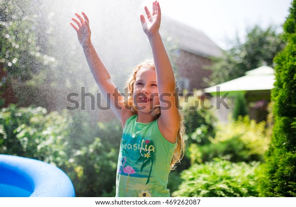 Preschooler Cute Girl Playing Garden Sprinkler Stock Photo 469262087 ...