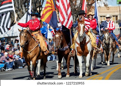 Prescott, Arizona, USA - November 10, 2018: Horses With Riders Marching  In The Veteran's Day Parade On Cortez St.