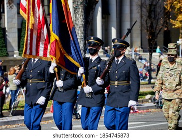 Prescott, Arizona, USA, - November 11, 2020: US Army Color Guard Participants In Uniform Wearing Face Masks Marching In The Prescott, Arizona Veteran's Day Parade