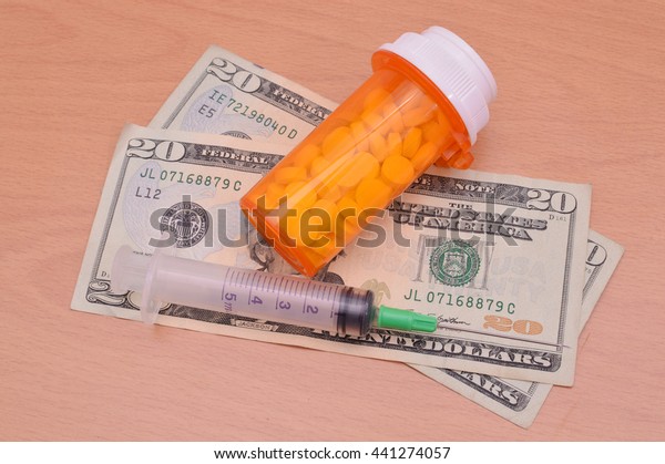 Prescription Bottle Pills Needle Twenty Dollar Stock Photo Edit
