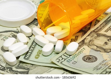 Prescription Drugs On A Money Background Representing Rising Healthcare Costs