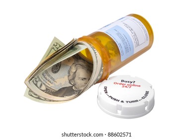 Prescription Pill Bottle With $20 Bills Inside. Concept Or Metaphor For Cost Of Drugs. Isolated With Clipping Path